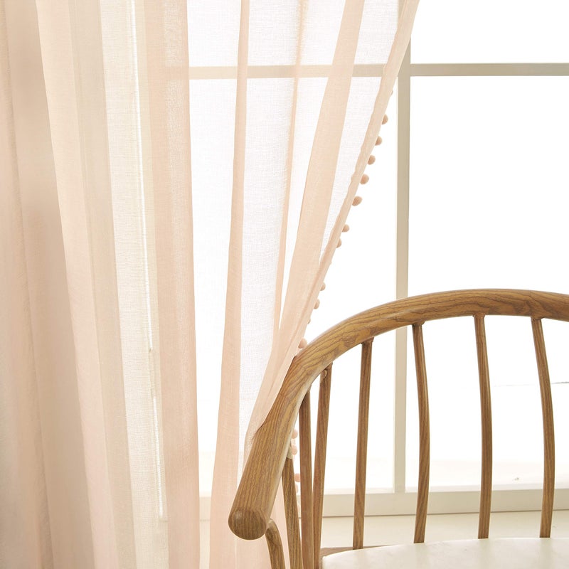 MISS SELECTEX Linen Look Pom Pom Tasseled Sheer Curtains - Rod Pocket Voile Semi-Sheer Curtains for Living and Bedroom, Set of 2 Curtain Panels (52 x 108 inch, Blush) - Image 5